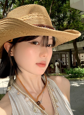 民族风草编西部牛仔帽女夏户外