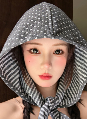 双面戴波点条纹绑带头巾帽女韩系