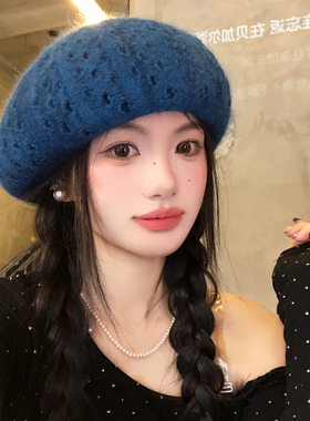 复古针织蓝色破洞贝雷帽女秋冬