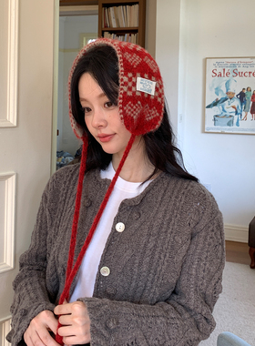 复古红色绑带耳罩女冬季氛围感