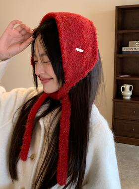红色双面毛绒绑带针织耳罩女冬季