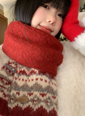 费尔岛圣诞节红色针织毛线围巾女