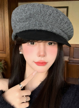 灰色针织拼接贝雷帽女秋季复古