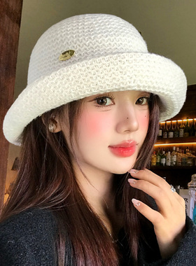 白色卷边针织渔夫帽女秋冬季优雅