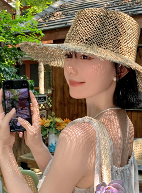 老钱风镂空平顶草帽女夏季复古