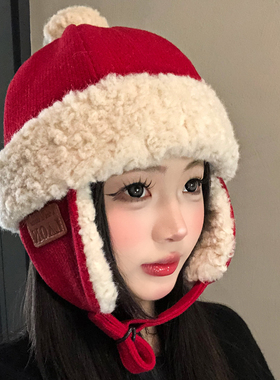 新年红色羊羔毛护耳毛绒帽子女冬