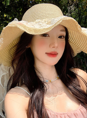 法式蕾丝蝴蝶结花朵草帽女夏海边