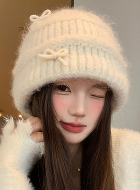 白色蝴蝶结毛绒针织帽秋冬显脸小