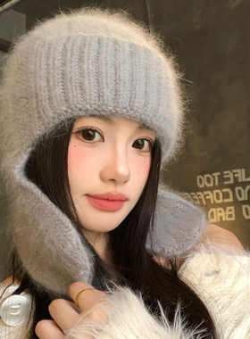 灰色兔毛针织飞行帽女秋冬季