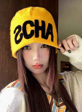 黄色字母针织帽女秋冬季户外徒步