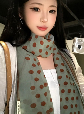 韩系复古绿色波点丝巾女春季系脖
