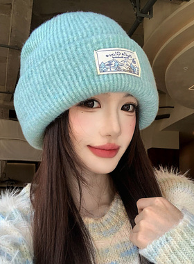 韩系蓝色针织毛线帽子女秋冬季