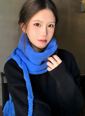 蓝色麻花流苏针织围巾脖套女秋冬
