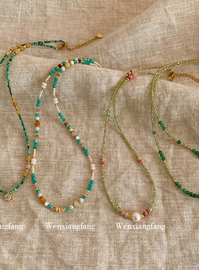 法式绿色天然石串珠项链配饰女