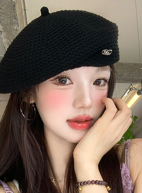 黑色针织贝雷帽女士夏季时尚百搭