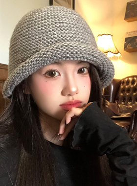 灰色复古针织卷边渔夫帽女秋冬