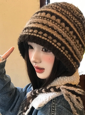 大头围美拉德复古棕色毛线帽女冬