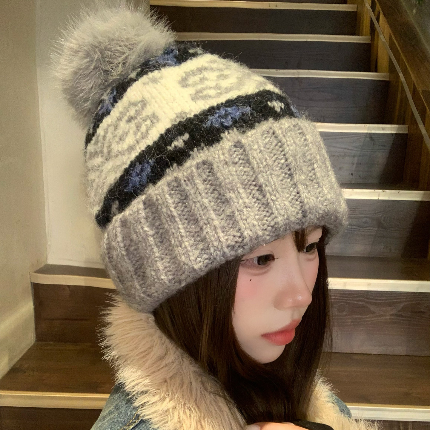 复古费尔岛毛球灰色针织毛线帽女冬季氛围感加厚保暖防寒包头帽子,淘宝优惠券,粉丝福利购,淘宝优惠卷