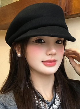 高级感复古黑色毛呢贝雷帽女秋冬