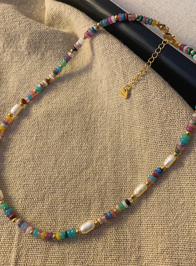 天然石彩色珍珠多巴胺串珠项链女