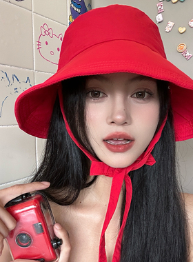 红色百搭韩版绑带渔夫帽女春夏薄