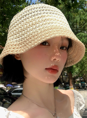 日系镂空撞色针织渔夫帽女夏季薄