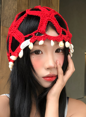 红色镂空针织贝壳流苏包头帽女夏