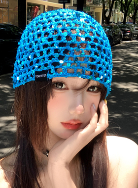 蓝色镂空亮片编织包头帽女款显白