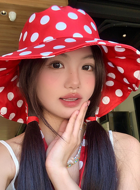 大帽檐红色波点太阳帽女夏可爱