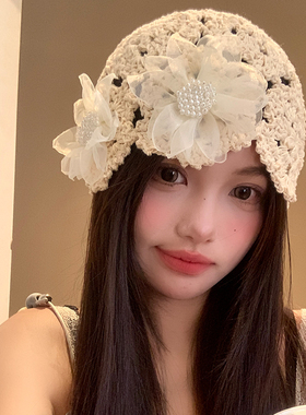 韩系立体花朵镂空针织帽子女2026
