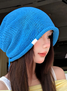 蓝色卷边绑带针织堆堆帽女秋季