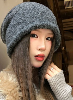 灰色卷边针织毛线帽子女秋冬保暖