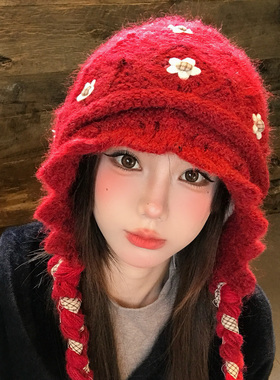 复古红色花朵流苏绑带针织帽女秋