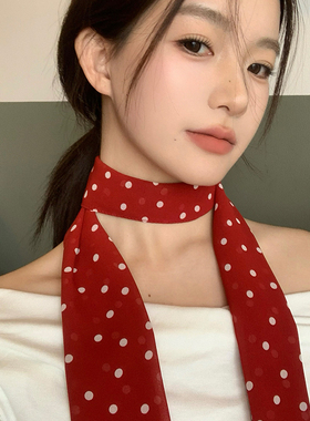 韩系波点红色长条丝巾女2026年春