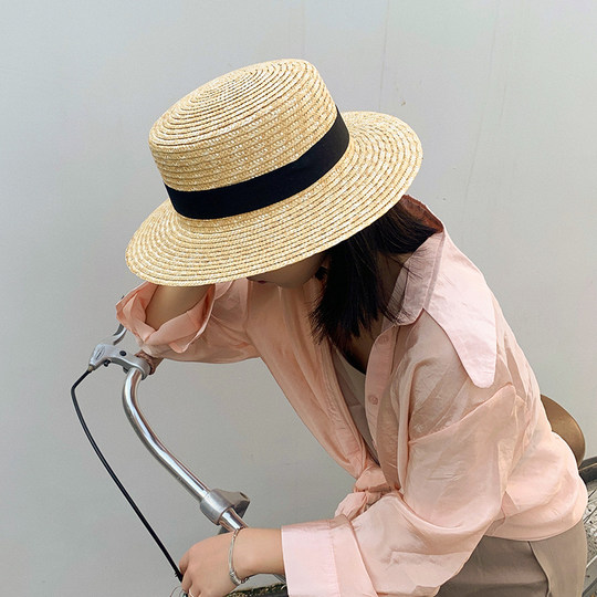 Women's raffia hat with sun protection flat top Korean style woven