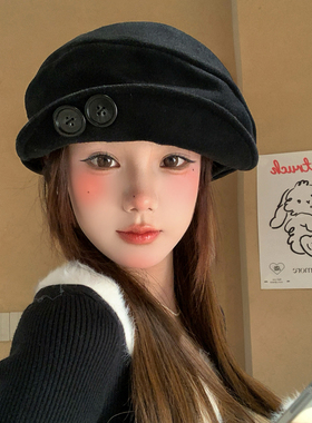 黑色纽扣翻檐贝雷帽女秋冬季时髦