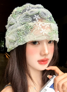 蕾丝花朵亮片网纱包头帽女士夏季