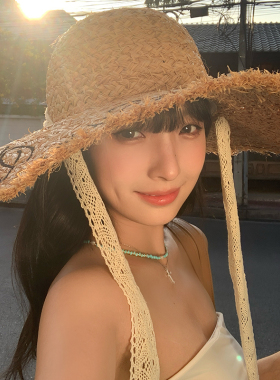 蕾丝系带字母拉菲草帽女2026年春