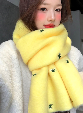 黄色花朵刺绣毛绒针织围巾女2026