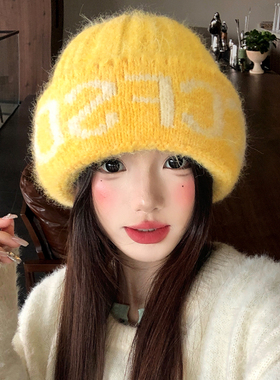 黄色韩系字母提花针织毛线帽女