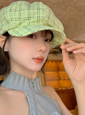 复古绿色格子八角贝雷帽女2026年