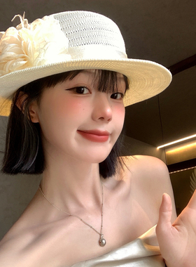 法式立体花朵平顶草帽赫本风高级