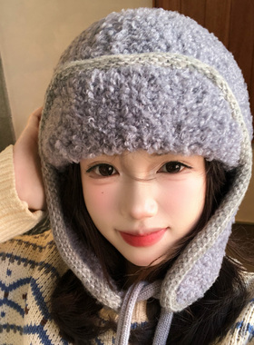 韩系ins灰色羊羔绒针织雷锋帽女