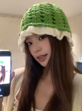 镂空绿色木耳边针织渔夫帽女秋冬