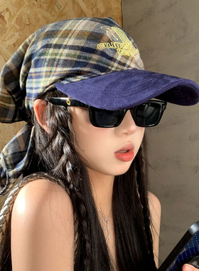 美式复古格纹刺绣头巾帽子女宽帽