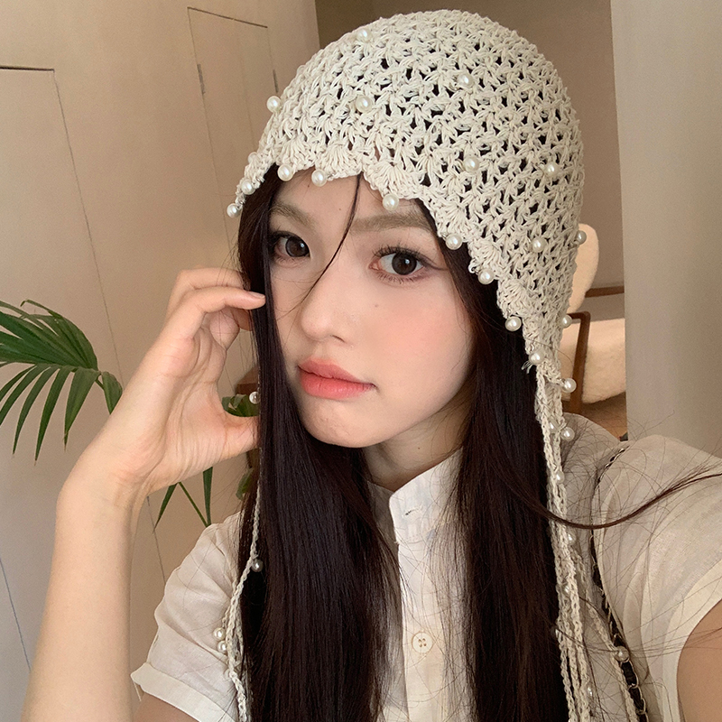 镂空珍珠流苏吊坠包头帽女夏薄款透气复古文艺显脸小针织套头帽子 - 图1