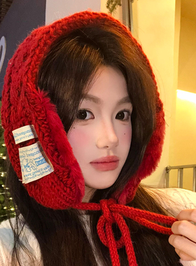 红色针织绑带毛线耳罩女冬季加厚