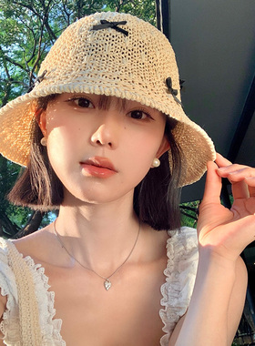 甜美蝴蝶结手工编织渔夫帽子女夏