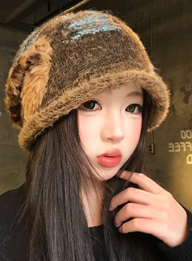 复古美拉德咖色针织毛绒帽子女冬