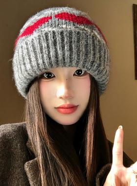 费尔岛灰色爱心包头针织帽女秋冬